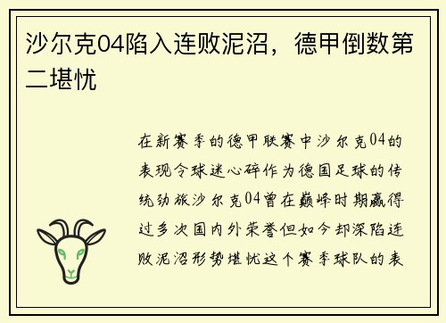 沙尔克04陷入连败泥沼，德甲倒数第二堪忧
